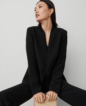 The Long Collarless Blazer in Fluid Crepe