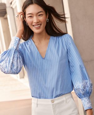 Striped Embroidered V-Neck Popover