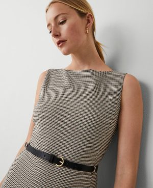 Houndstooth Pleat Front Belted Sheath Dress
