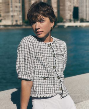 Gingham Tweed Puff Sleeve Jacket