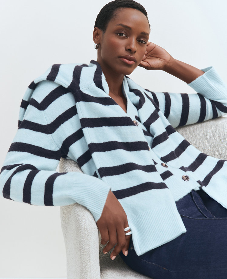 Petite Weekend Collection Striped V-Neck Cardigan