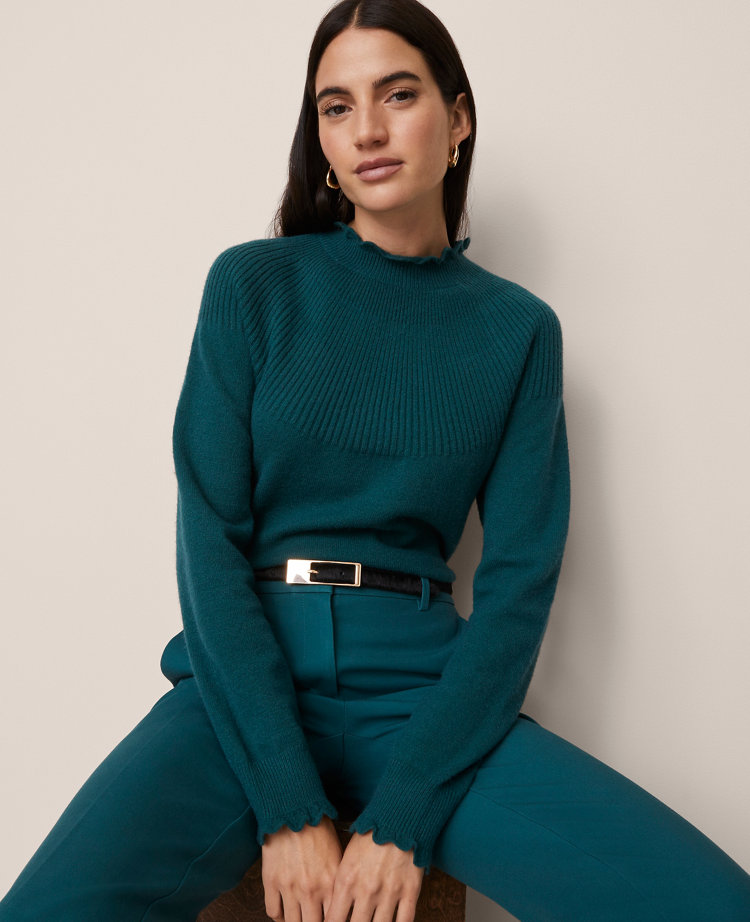 Ruffle Trimmed Mock Neck Sweater
