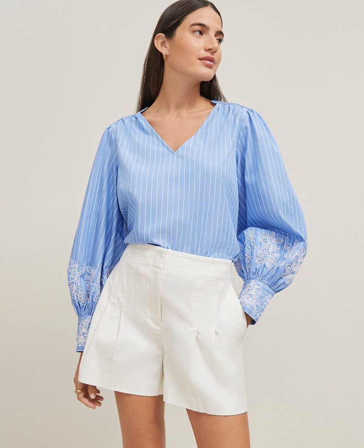 Tall Striped Embroidered V-Neck Popover
