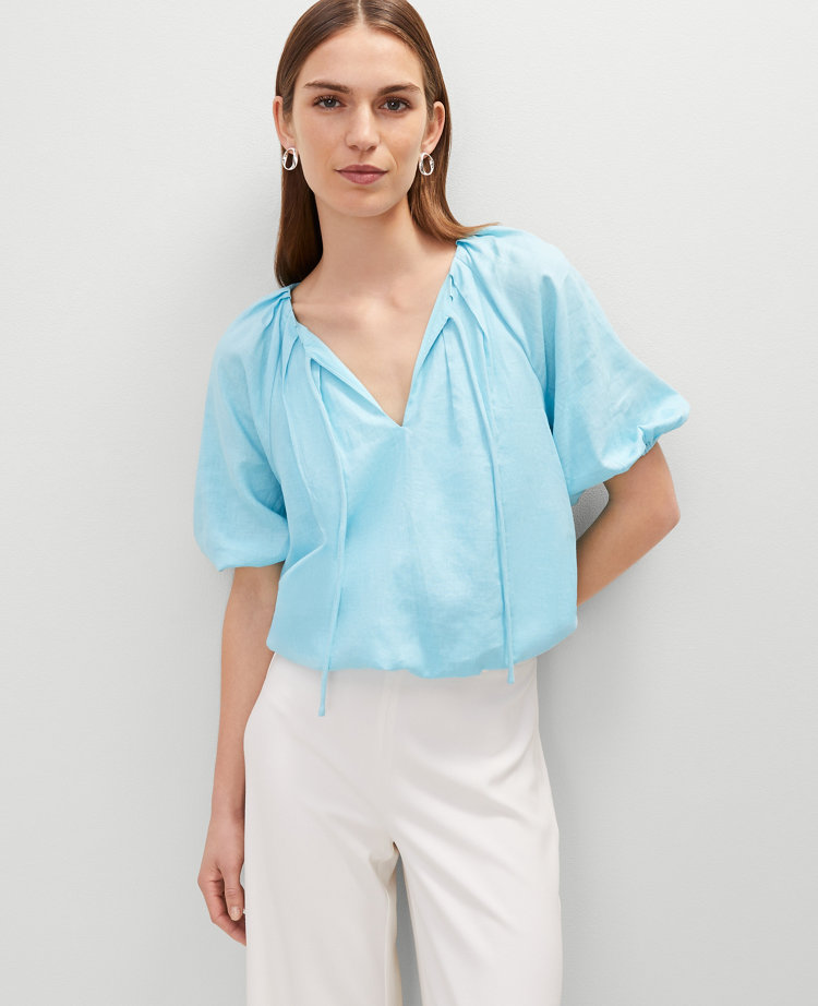 Petite Linen Blend Bubble Hem Blouse