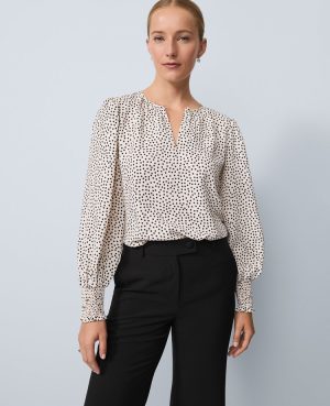 Dotted Smocked Crew Neck Top