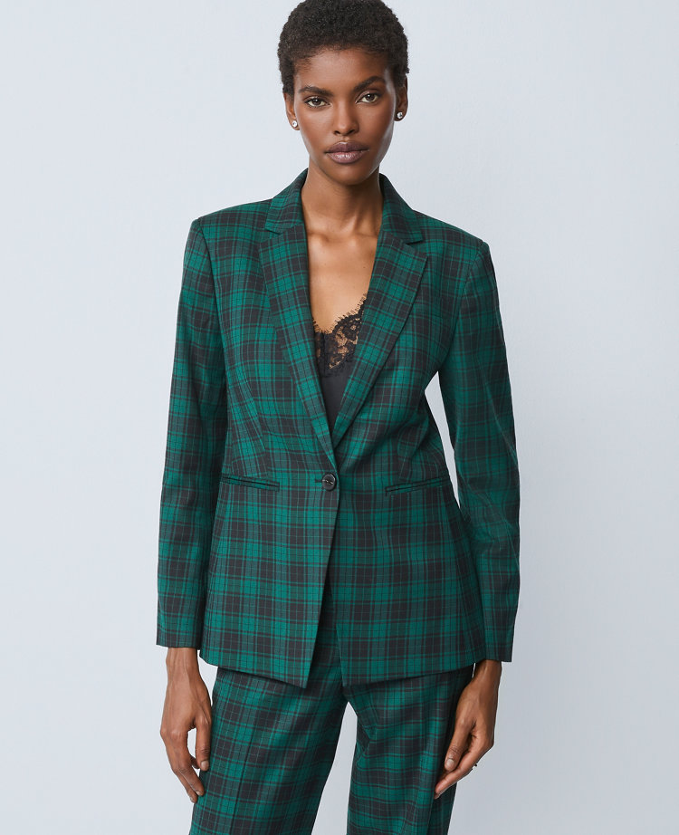 The Notched One Button Blazer in Plaid
