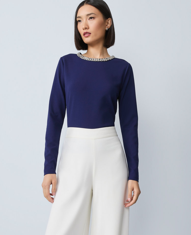 Petite Ponte Embellished Crew Neck Top