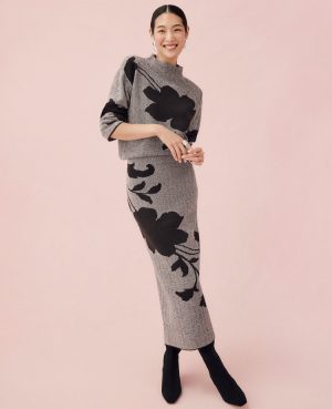 Herringbone Floral Jacquard Sweater Skirt