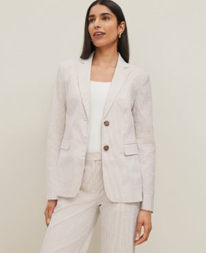 The Petite Long Notched Two Button Blazer in Seersucker