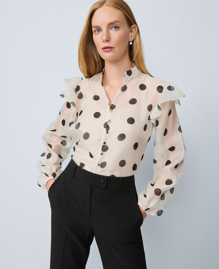 Petite Dotted Ruffle Sleeve Blouse
