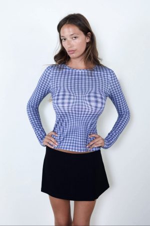 LONG SLEEVE TOP – NAVY WARPED PLAID